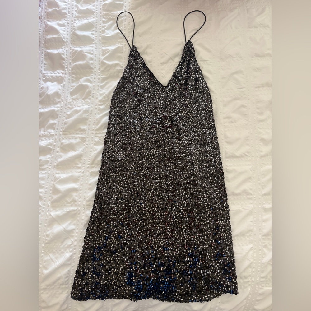 Lulu's Black Sequin Slip Dress with V-Neck